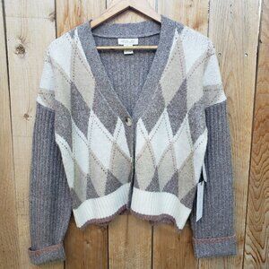𝅺NWT Rachel Zoe Light Academia Preppy Argyle Cardigan Neutral Size S